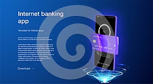 Smart wallet concept with credit or debit card payment application on smartphone screen. Internet banking app.